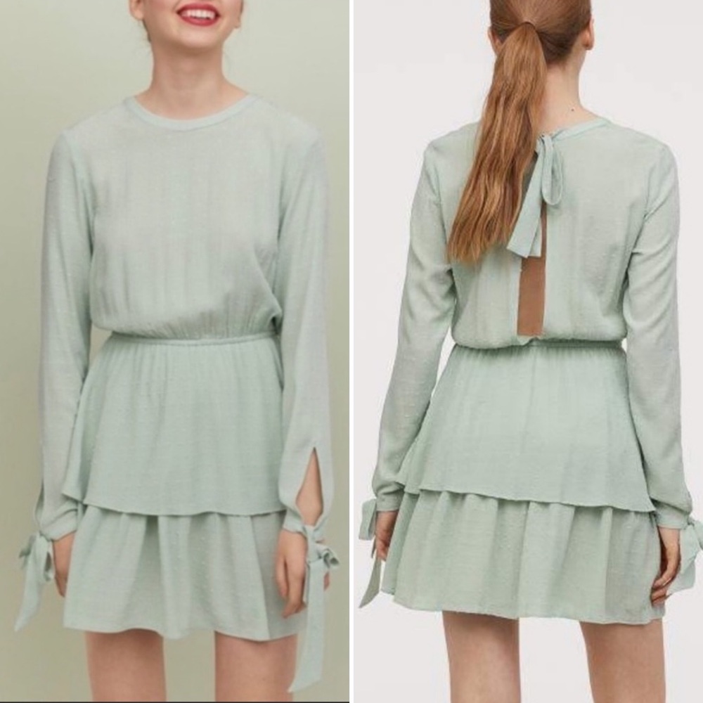 NWT H&M Tiered Dress Patterned Crepe Open Back Tie Neck Long Sleeves Sz 2